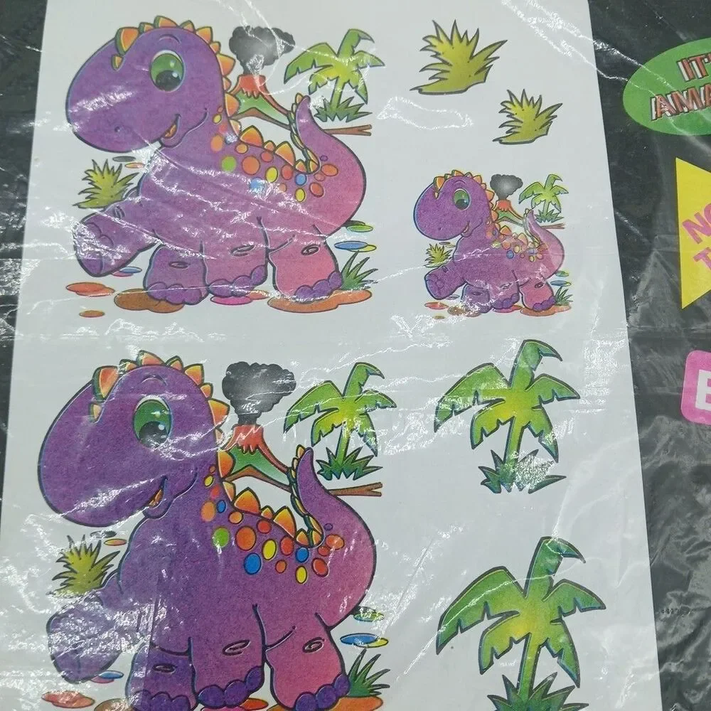 Vintage 80s Iron-on Transfer Sheets Colorful Cartoon & Dinosaurs 4pk Sealed